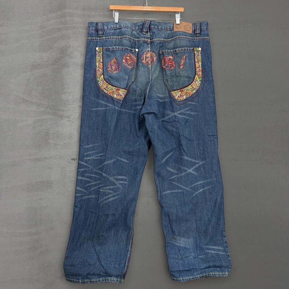 Y2K Coogi Denim Jeans Blue Embroidered Multi-Color Baggy Streetwear Size 44 x 34
